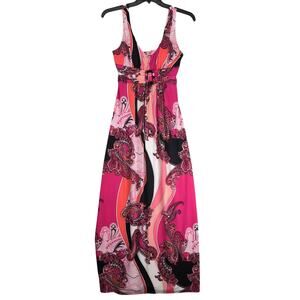 Bisou Bisou Michele Bohbot Paisley Maxi Dress Sz 10 Sleeveless Bejeweled Belt